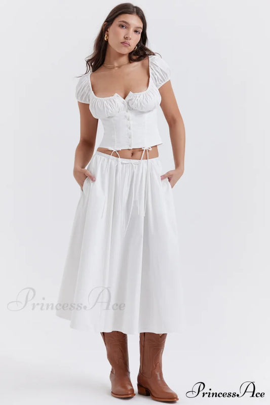 Cora White Gathered Charming Top + Skirt Set XS / White