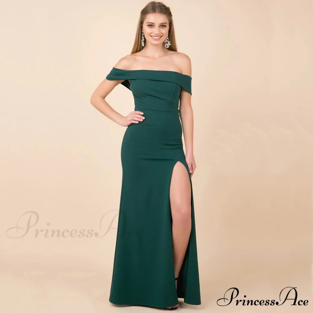 Coralie Off Shoulder Charming Front Slit Dress Green / S