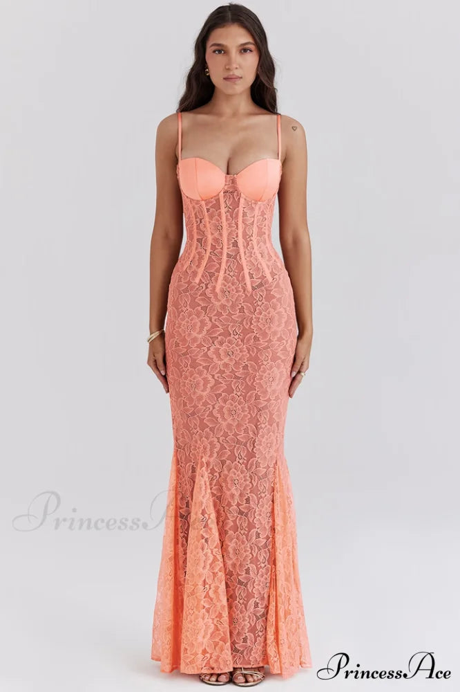 Cordelia Sorbet Lace Charming Godet Maxi Dress XS / Orange
