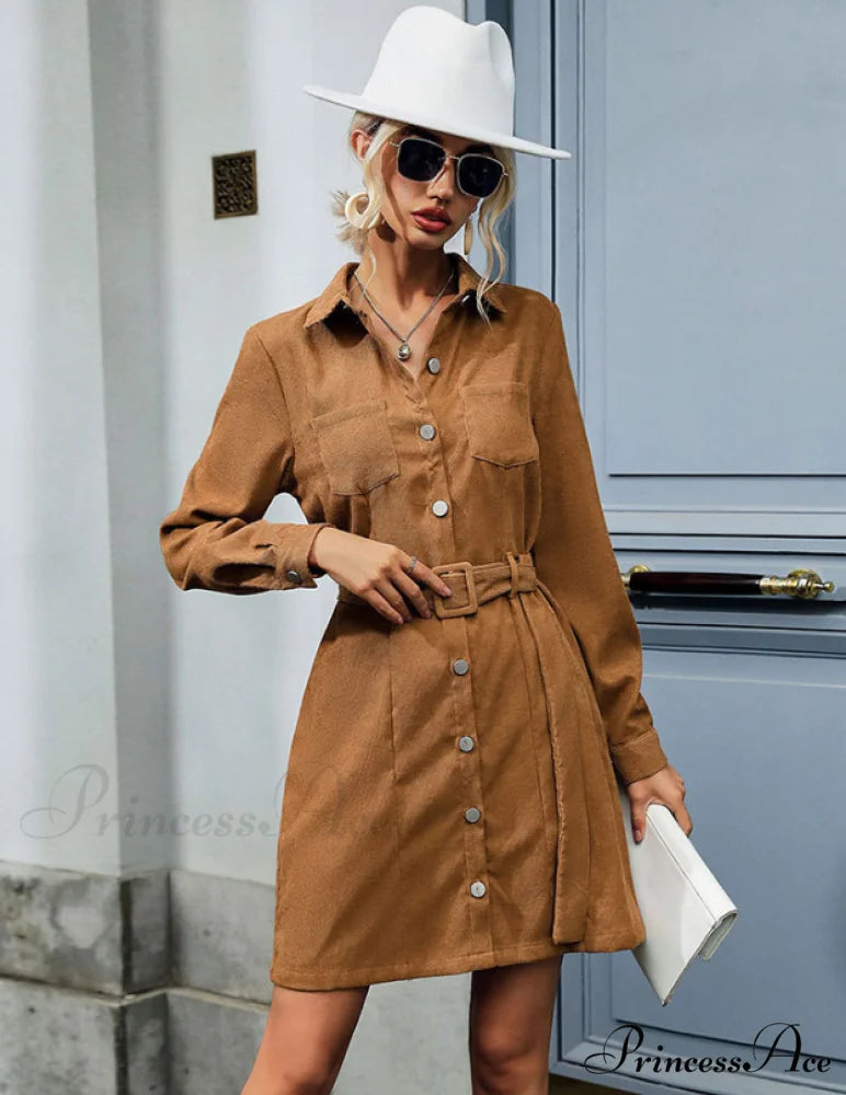 Corduroy Dress Women Long Sleeves Turn Down Collar Elegant Casual Autumn Winter