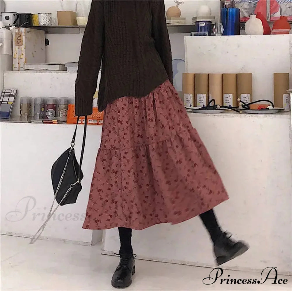 Corduroy High Waist Charming Floral Print Maxi Skirt