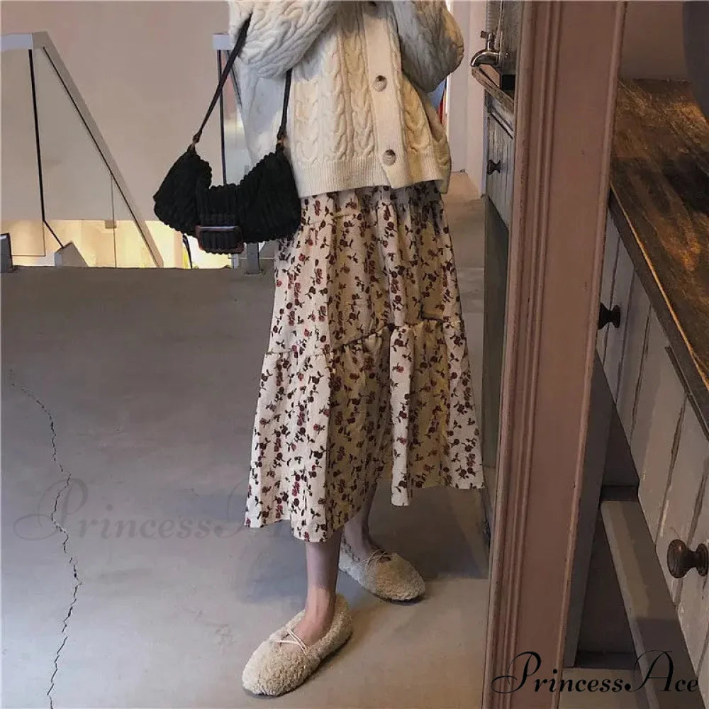 Corduroy High Waist Charming Floral Print Maxi Skirt