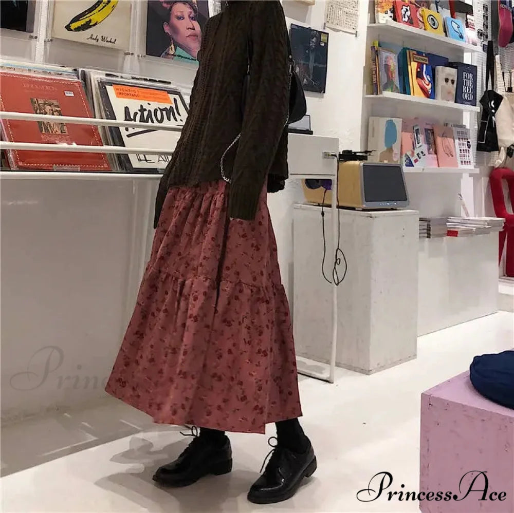 Corduroy High Waist Charming Floral Print Maxi Skirt