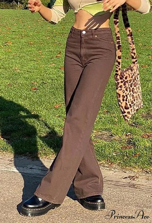 Corduroy Patchwork High Trendy Waist Straight Pants Brown / S