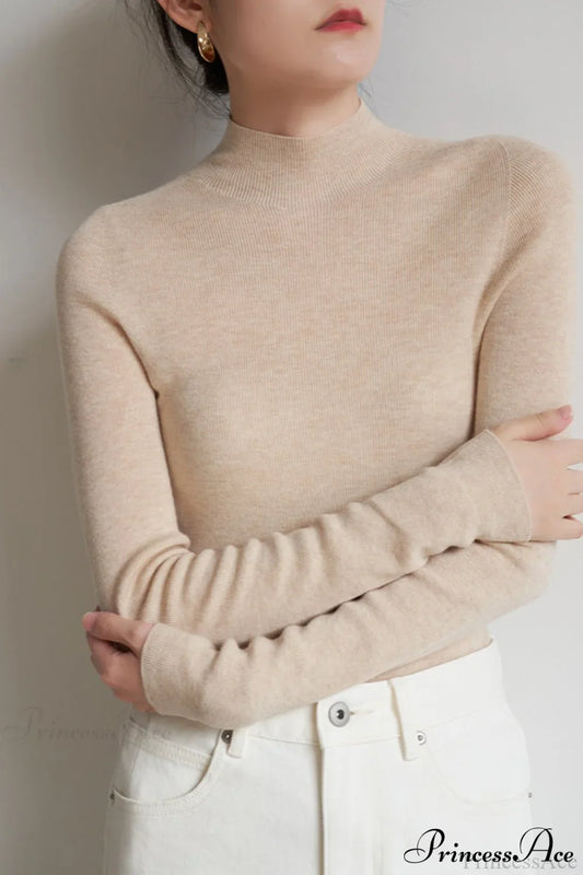 CorpCore Seamless Mock Neck Wool Knit Top Beige / One Size