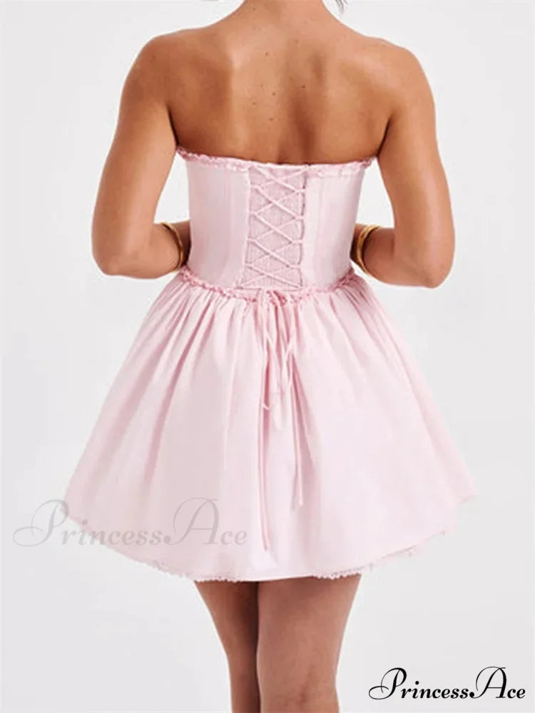 Corset Bind-Up Lace Trim Short Dress minidress-250223