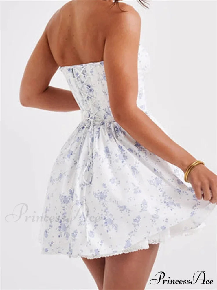 Corset Bind-Up Lace Trim Short Dress minidress-250223