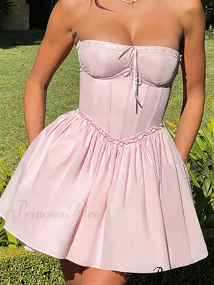 Corset Bind-Up Lace Trim Short Dress pink / S minidress-250223