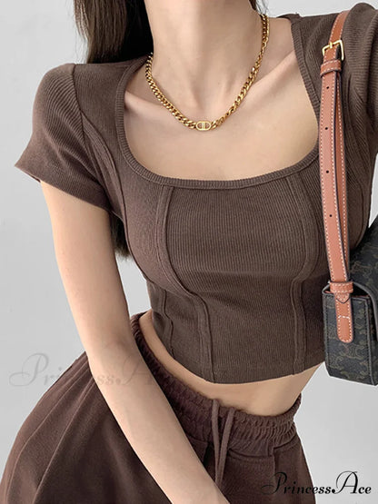 Corset Square Graceful Neck Shirt Dark Brown / XS