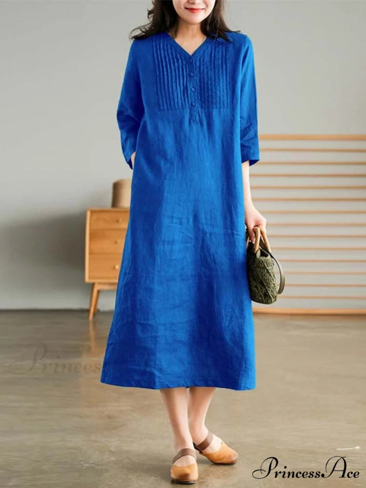 Cotton and Graceful Linen Dress Blue / M