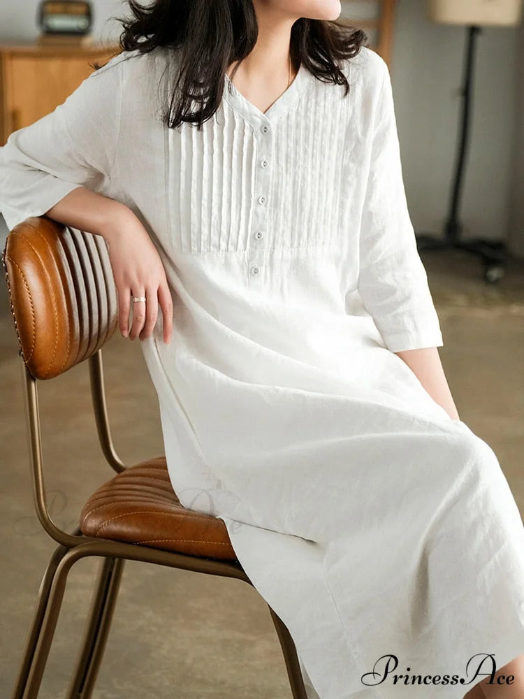 Cotton and Graceful Linen Dress White / M