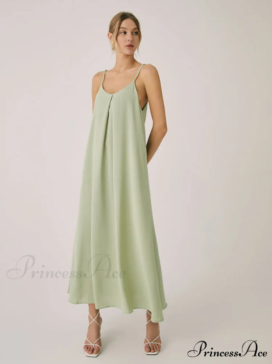 Cotton Blends Graceful Pleated Long Dress Green / XS