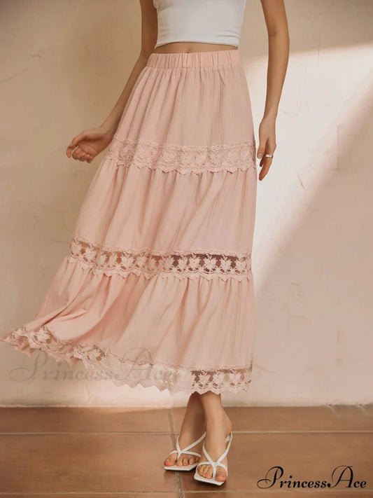Cotton Blends Lace Trendy Trim Maxi Skirt