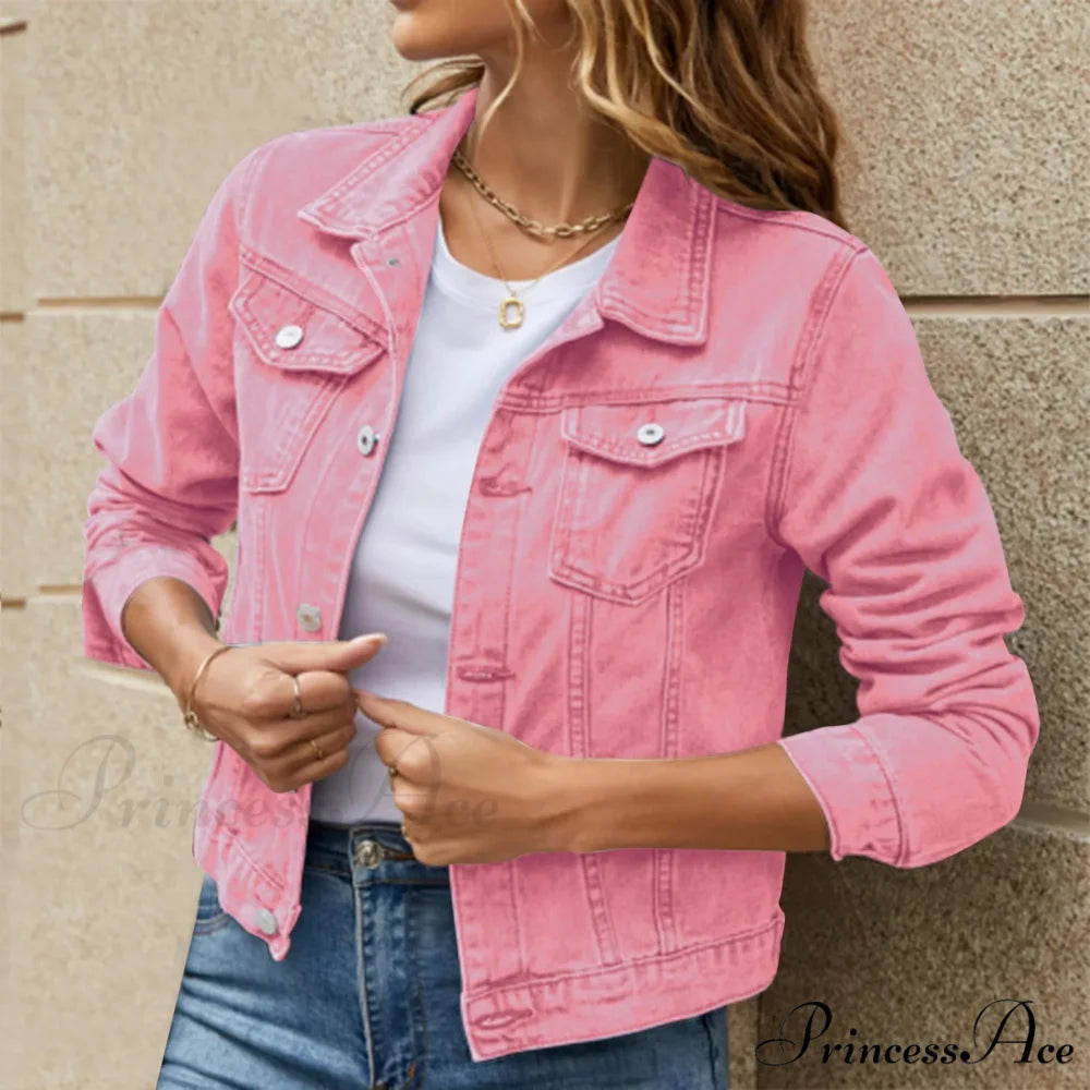 Cotton Denim Spring Autumn Cardigan Punk Gothic Bomber Windbreaker Hollow Out Jacket Pink / S
