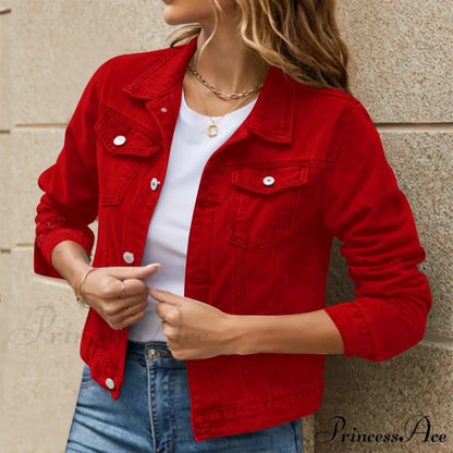 Cotton Denim Spring Autumn Cardigan Punk Gothic Bomber Windbreaker Hollow Out Jacket Red / S