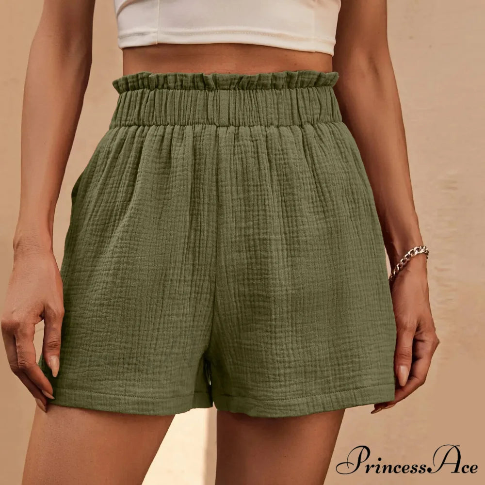Cotton Double Layered Pleats Hem Straight Leg High Waist Sports Short GREEN / S