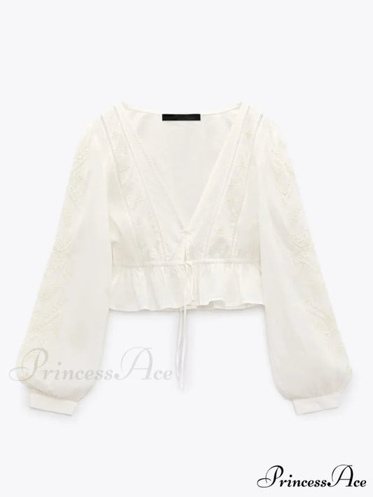 Cotton Embroidered Women’s Crop Arm Drape V-neck Long Retro Sweet Top