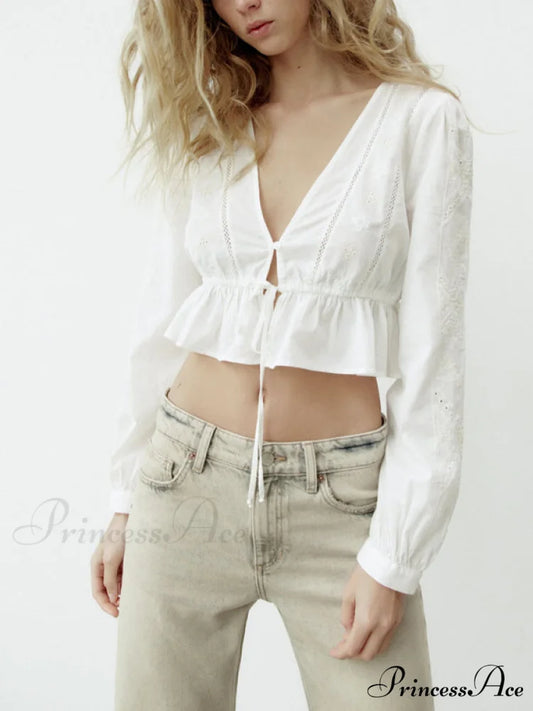 Cotton Embroidered Women’s Crop Arm Drape V-neck Long Retro Sweet Top