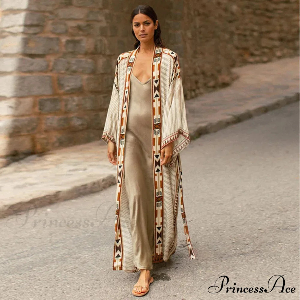 Cotton Flower Pattern Kimono Cover-up Beige / One Size bohodress-250126