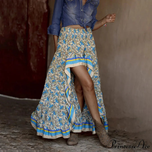 Cotton Flower Pattern Urban Pleated Skirt Blue / S skirt-250126