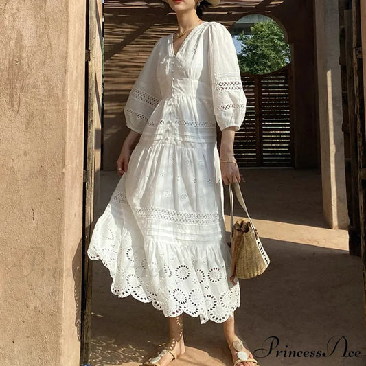 Cotton Flower V-neck Trim Summer Boho Dress bohodress-250126