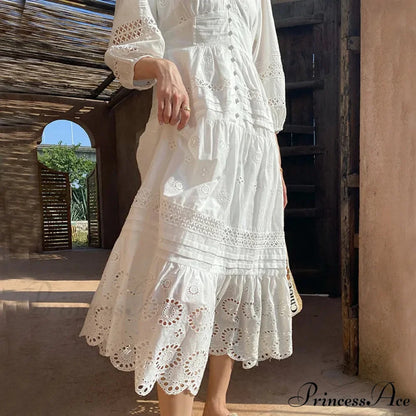 Cotton Flower V-neck Trim Summer Boho Dress bohodress-250126