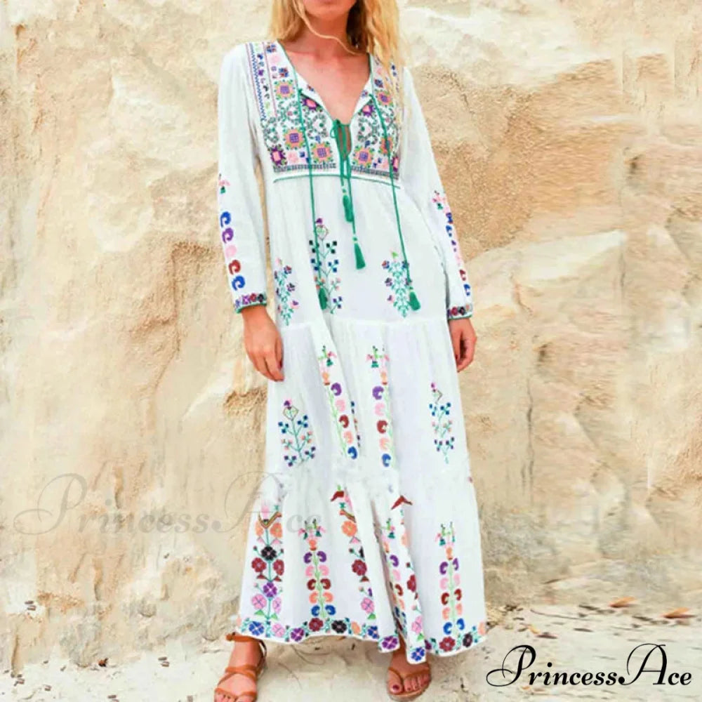 Cotton Flowery Stitched Long Dress bohodress-250126