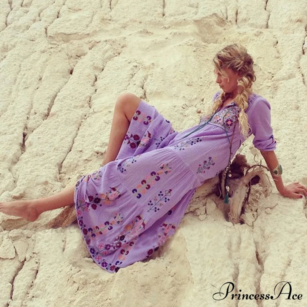 Cotton Flowery Stitched Long Dress bohodress-250126