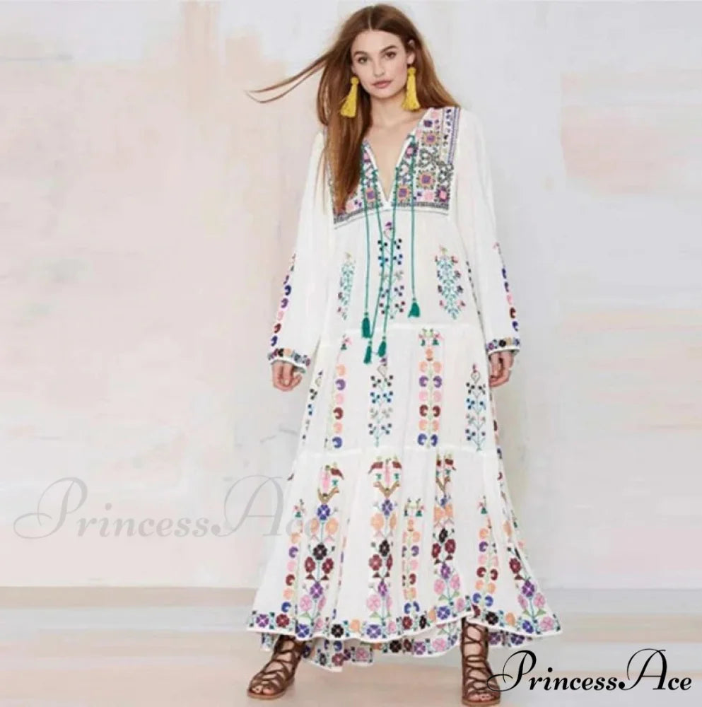 Cotton Flowery Stitched Long Dress bohodress-250126