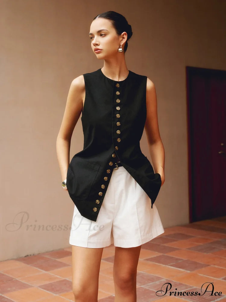 Cotton & Graceful Linen Button-Front Vest Black / XS