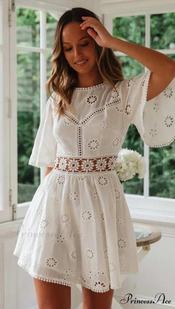 Cotton Half Sleeve Seductive Backless Hollow Out Mini Boho Dress bohodress-250126