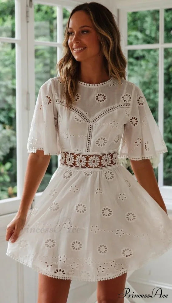 Cotton Half Sleeve Seductive Backless Hollow Out Mini Boho Dress bohodress-250126