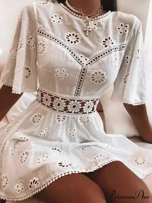 Cotton Half Sleeve Seductive Backless Hollow Out Mini Boho Dress bohodress-250126