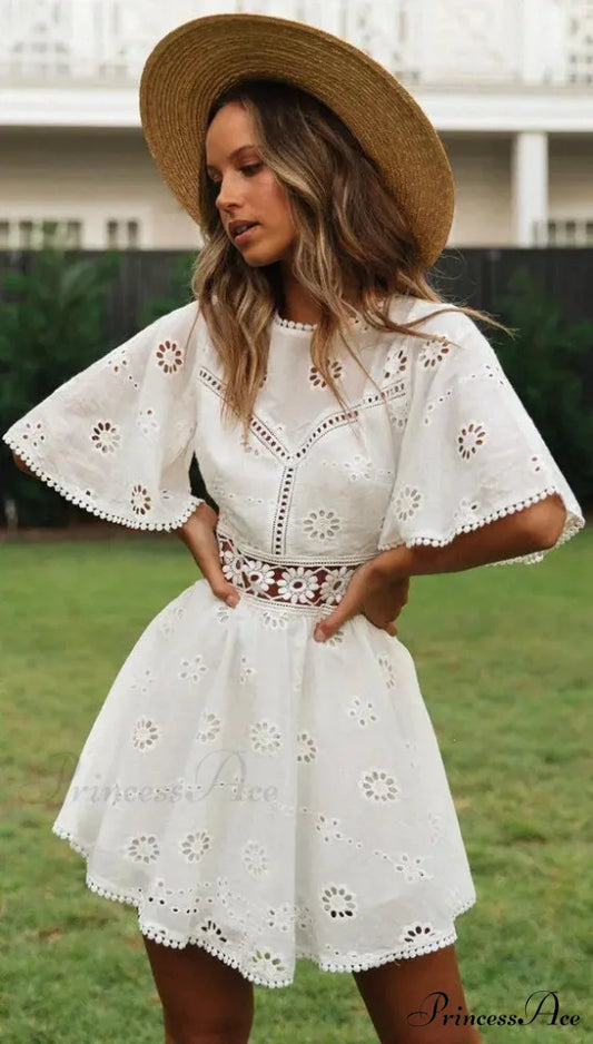 Cotton Half Sleeve Seductive Backless Hollow Out Mini Boho Dress White / S bohodress-250126