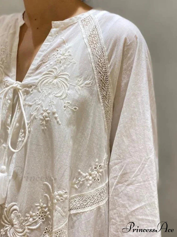 Cotton Linen Beach White V Neck Embroidered Boho Dress White / One Size