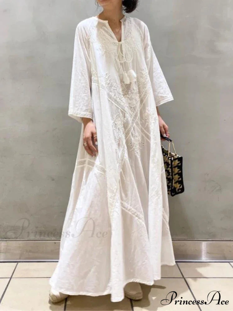 Cotton Linen Beach White V Neck Embroidered Boho Dress White / One Size