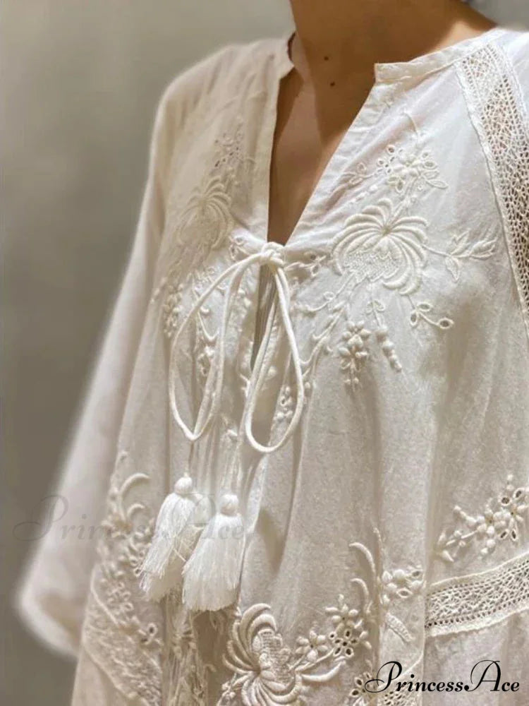 Cotton Linen Beach White V Neck Embroidered Boho Dress White / One Size
