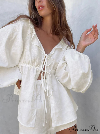 Cotton & Linen Cowgirl Modern Melody Two Piece Shorts Set White / XS