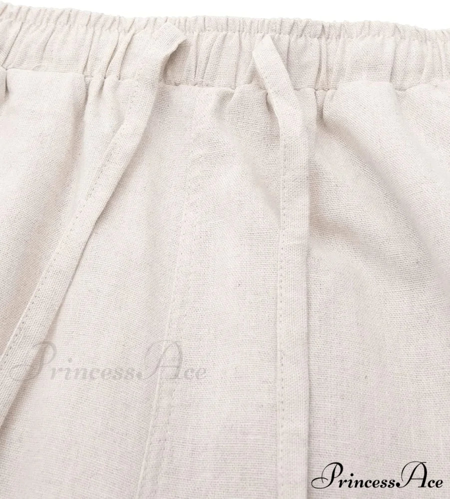 Cotton Linen Drawstring Elastic Waist Loose Wide Leg Cropped Pants