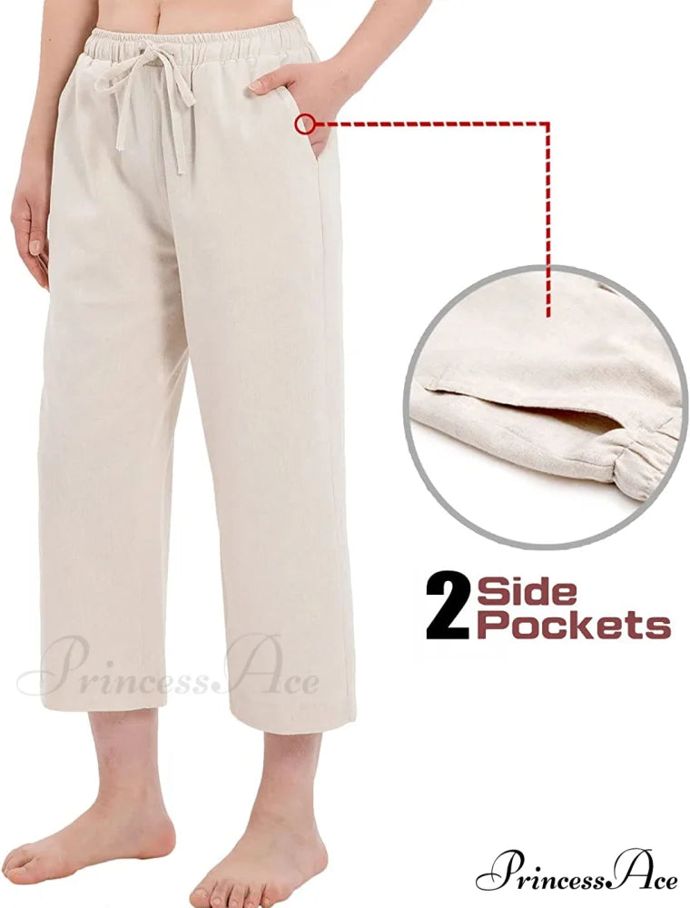 Cotton Linen Drawstring Elastic Waist Loose Wide Leg Cropped Pants