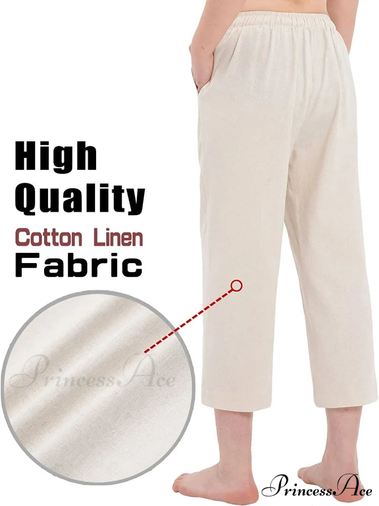 Cotton Linen Drawstring Elastic Waist Loose Wide Leg Cropped Pants