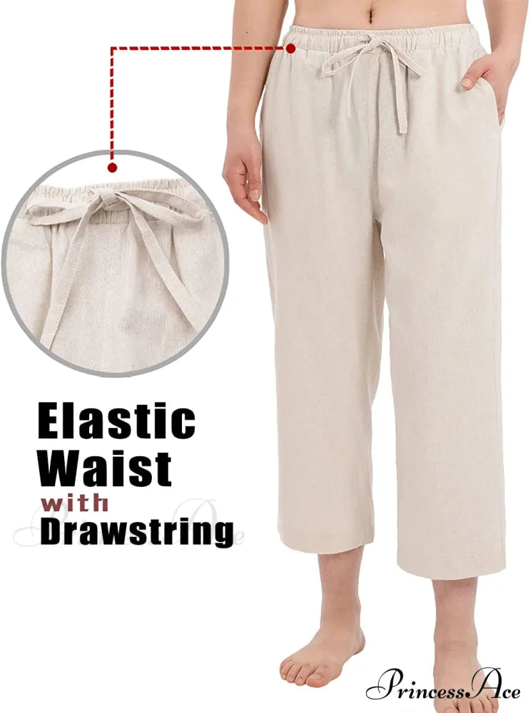 Cotton Linen Drawstring Elastic Waist Loose Wide Leg Cropped Pants