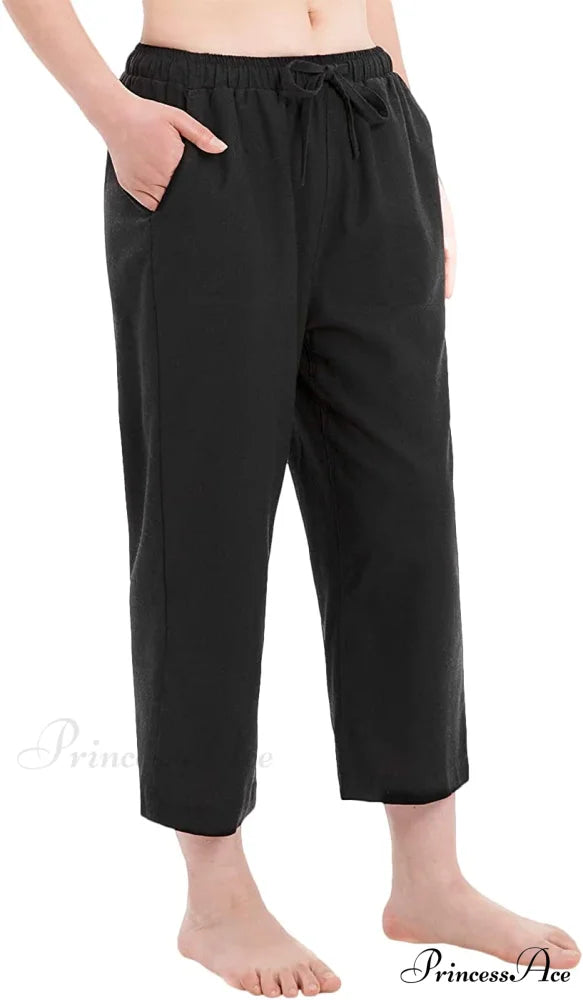 Cotton Linen Drawstring Elastic Waist Loose Wide Leg Cropped Pants Black / X-Large