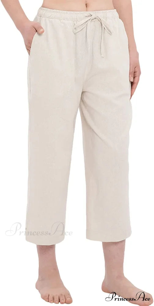 Cotton Linen Drawstring Elastic Waist Loose Wide Leg Cropped Pants Khaki / X-Large