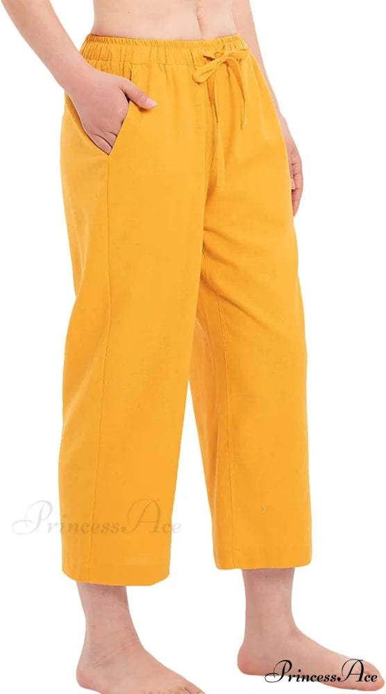 Cotton Linen Drawstring Elastic Waist Loose Wide Leg Cropped Pants Mustard Yellow / Medium