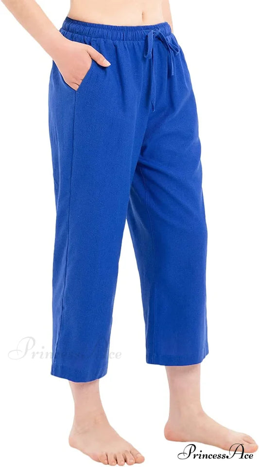 Cotton Linen Drawstring Elastic Waist Loose Wide Leg Cropped Pants Royal Blue / X-Large