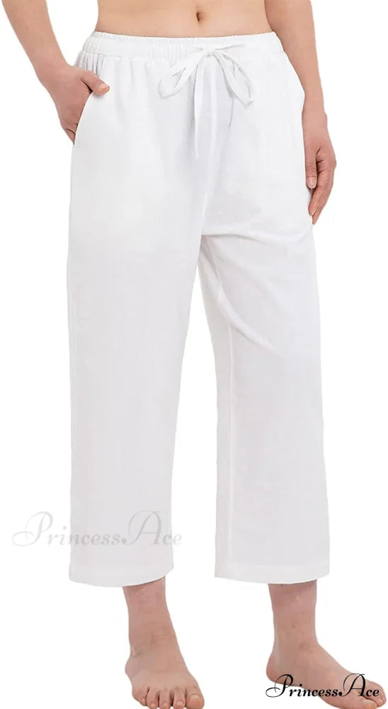 Cotton Linen Drawstring Elastic Waist Loose Wide Leg Cropped Pants White / X-Large