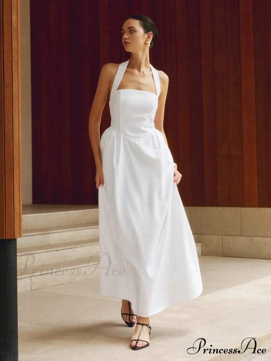 Cotton & Linen Halter Modern A Line Long Dress White / XS