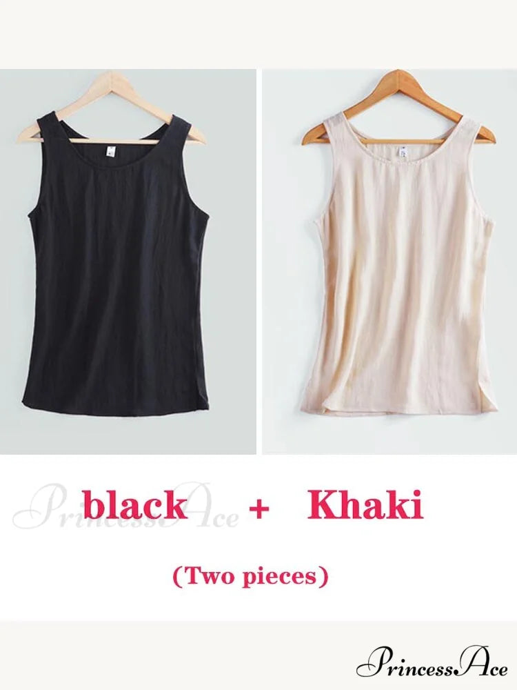 Cotton Linen Sleeveless Tops black and Khaki / S