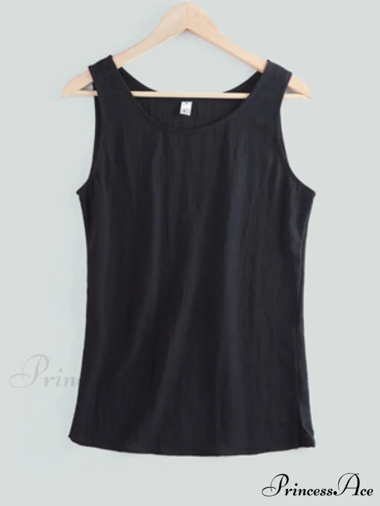 Cotton Linen Sleeveless Tops Black / S